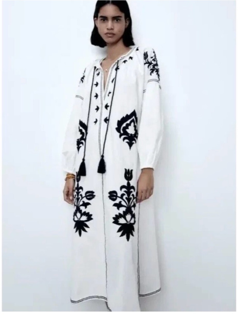 Zara Embroidered Black and White Maxi Dress